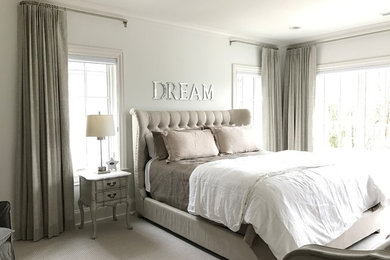 Mid-sized transitional master carpeted and beige floor bedroom photo in Nashville with gray walls and no fireplace