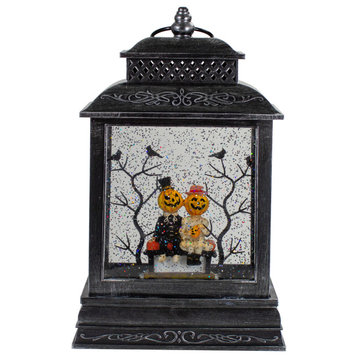 11.5"Lighted Black Halloween Snow Globe Lantern With Pumpkin Couple