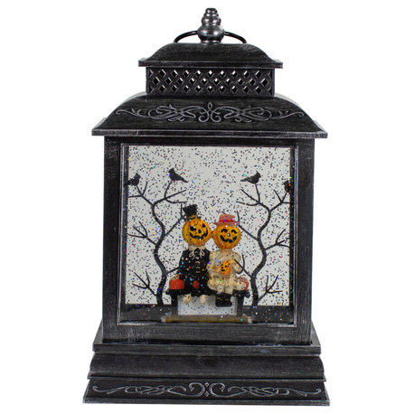 11.5"Lighted Black Halloween Snow Globe Lantern With Pumpkin Couple