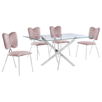 Rectangle 60" x 38" 5pc Clear Glass Dining Set with Pink Chairs