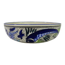 Le Souk Ceramique - Wide Stoneware Salad/Pasta Bowl Aqua Fish Design - Serving And Salad Bowls