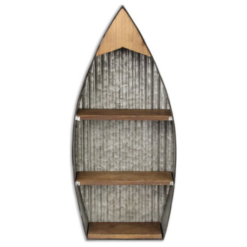 Ribbed Metal Wall Hanging Boat With Wood Shelves