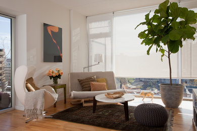 Mid-sized minimalist medium tone wood floor living room photo in New York with white walls