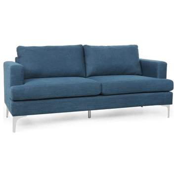Elegant Sofa, Silver Legs With Oversized Padded Seat & Square Arms, Navy Blue