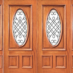 Pre-hung Mahogany Oval Lite Double Door with Two Side lights - Front Doors