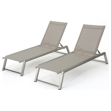 GDF Studio Santa Monica Outdoor Gray Mesh Chaise Lounge With Aluminum Frame, Set of 2