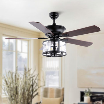 Braxton 52" 4-Light Farmhouse Shade LED Ceiling Fan With Remote, Black/Clear