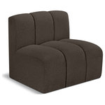 Meridian Furniture - Arc Upholstered Modular Component, Brown, 1-Piece: Straight Chair, Boucle Fabric - Give your living room or den the perfect blend of style and versatility with this Arc boucle fabric straight chair. Part of the Arc modular furniture collection, this chair comes upholstered in rich brown boucle fabric and features deep channel tufting that adds a touch of luxury while enhancing comfort and support. A seamless combination of form and function, this chair can be used with other Arc pieces to create a myriad of configurations in your well-curated room.