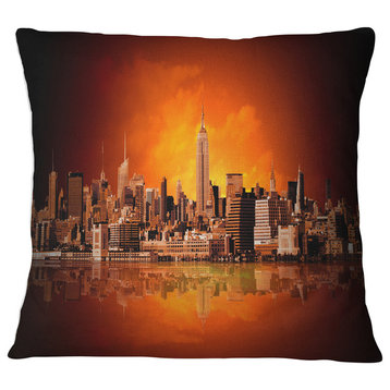 New York City Panorama in Red Light Cityscape Throw Pillow, 18"x18"