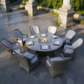 9-piece Outdoor Round Wicker  Gas Fir Pit Table with Chairs, Brown, Grey