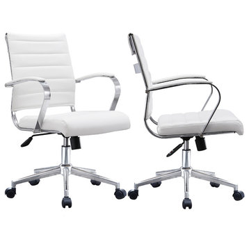 Set of 2 Mid Back Swivel Ribbed PU Leather Office Arm Chair Modern Ergonomic, White