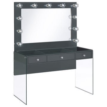 Afshan 3-Drawer Vanity Desk With Lighting Mirror Gray High Gloss