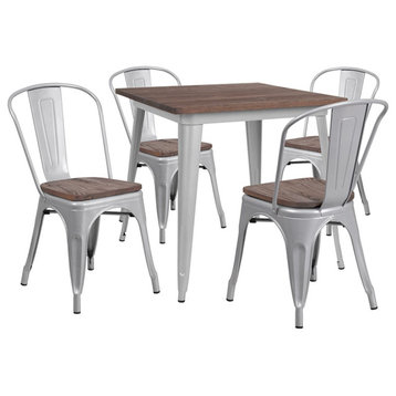 Flash Furniture 31.5" Silver Metal Table Set, 4 Stack Chairs - CH-WD-TBCH-4-GG