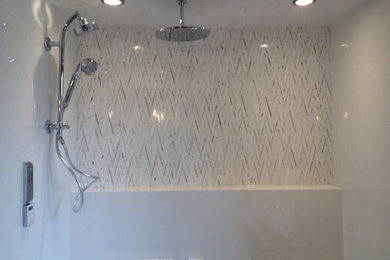Inspiration for a mid-sized contemporary master white tile and porcelain tile limestone floor and beige floor bathroom remodel in Edmonton with shaker cabinets, a one-piece toilet, white walls and a drop-in sink