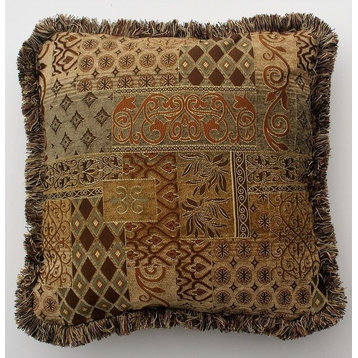 Gold And Brown Transitional Throw Pillow With Fringe, 17x17