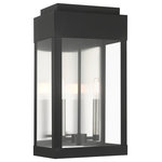 Livex Lighting - Black Transtional,  Modern Classic, Outdoor Wall Lantern - The simple rectangular shape of the York collection is an updated classic transitional line that will complement most home exteriors. The hand crafted solid brass construction is finished in black. The clear glass exposes the brushed nickel candles set off by the brushed nickel stainless steel back reflector giving an illusion of a double light effect.  Greet your visitors with this large two-light wall lantern providing your home with a stunning and welcoming air.