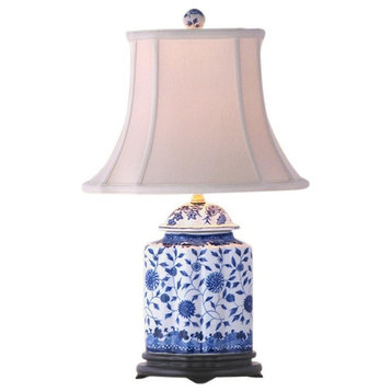 Blue and White Porcelain Scallop Ginger Jar Table Lamp, Floral Motif, 22"