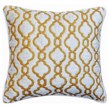 16"x16" Bouclet Embroidery, Foil Quilted Ivory Velvet Throw Pillow - Deco Prime