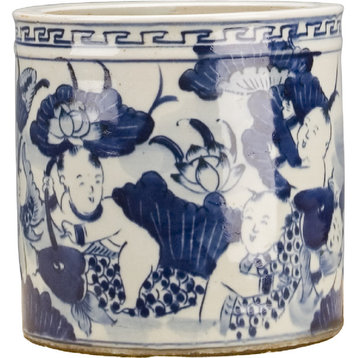 Child and Fish Planter, Blue and White