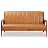 Nikko Mid-century Modern Tan Faux Leather and Walnut Brown Sofa