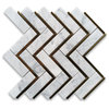 Carrara White Marble 1x4 Herringbone Mosaic Tile w/ Brass Strips Honed, 1 sheet