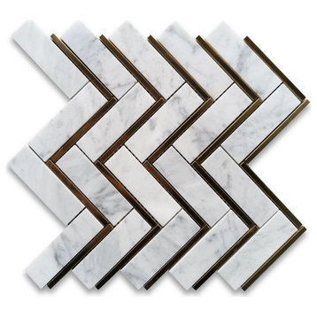 Carrara White Marble 1x4 Herringbone Mosaic Tile w/ Brass Strips Honed, 1 sheet