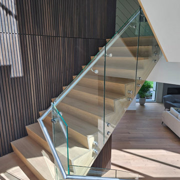 Project #129 | Modern White Oak Staircase with Slanted Risers