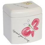 Creative Bath - Flutterby Kathy Davis Jar - Store cotton swabs and Q-tips in the unique Flutterby Kathy Davis Jar. Made from matte white ceramic with a colorful butterfly design, this jar is whimsical and fun. Display it alongside other pieces from the Flutterby Kathy Davis bath collection for a cohesive look.