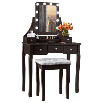 Transitional Vanity Set, Upholstered Stool & Rotating Mirror With Lights, Brown