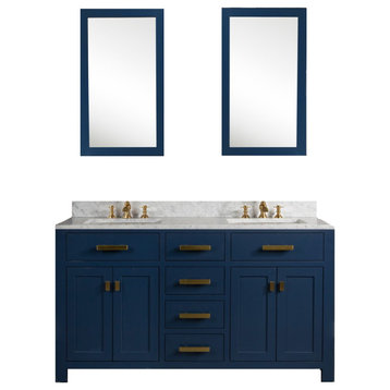 Madison 60" Carrara White Marble Vanity, Monarch Blue With Mirror/Faucet
