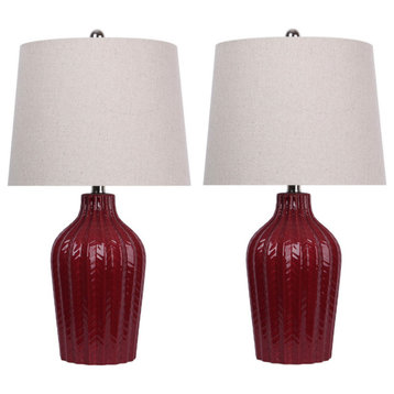 23.5" Brick Red Ceramic Table Lamp With Linen Shade, Set of 2