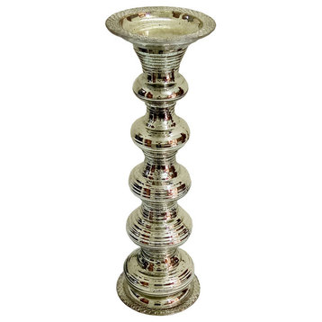 Antiqued Silver Glass Pillar Candle Holder D6x19"