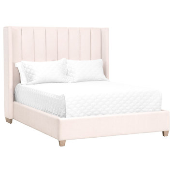 Cream Velvet Upholstered Channel Tufted Cal King Bed, Oak Wood Stain Resistant