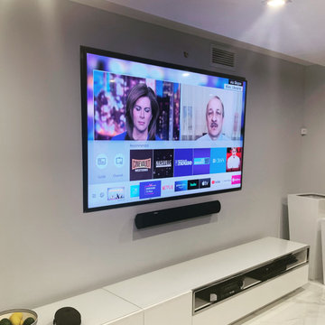 85" Samsung TV with Marantz AVR, KEF Sound Bar, and In Ceiling Surround Sound