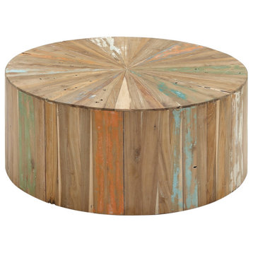 Rustic Coffee Table, Reclaimed Wood Frame With Cylindrical Wood Grain Pattern