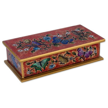 Glorious Butterflies in Red Reverse Painted Glass Decorative Box, Peru