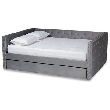 Elara Classic Velvet Daybed With Trundle, Queen Size, Gray