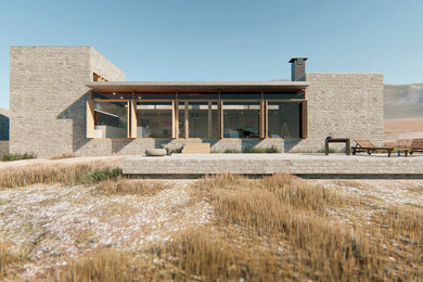 Imagen de fachada de casa beige y blanca minimalista de tamaño medio de una planta con revestimiento de piedra, tejado plano, tejado de teja de barro y panel y listón