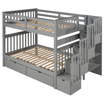 Gewnee Full Over Full Bunk Bed with Staircase and 6 Storage Drawers in Gray