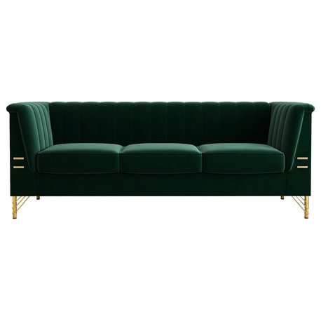 83.4'' Tuxedo Velvet Arm Sofa with Gold Leg and 2 Pillows, Green