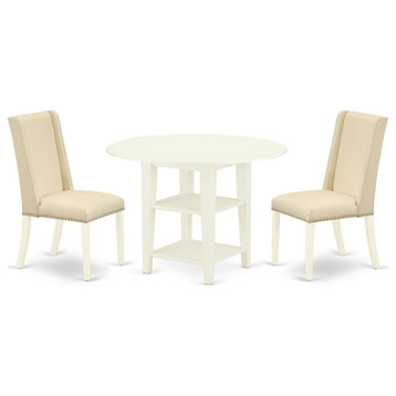 3Pc Dinette Set, Round Table, Two Shelves, 2 Chairs, Cream Dining Chairs Seat