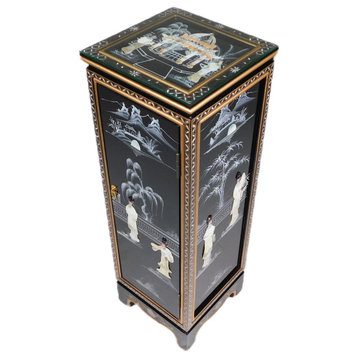 Oriental Lacquer Pedestal With Pearl Inlay, Black