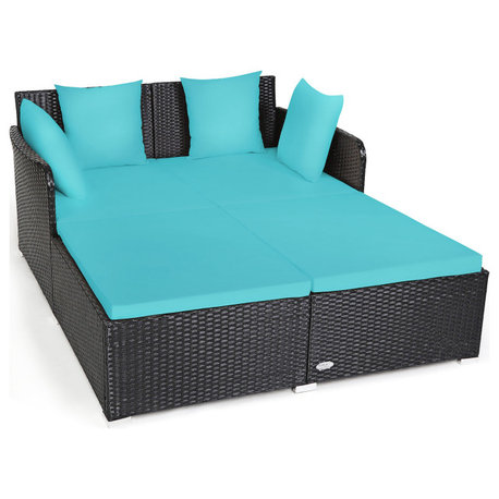 Costway Outdoor Patio Rattan Daybed Pillows Cushioned Sofa Furniture Turquoise