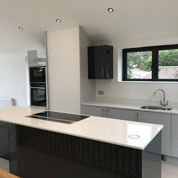 Dove Grey & Graphite Gloss slab door kitchen with Neff appliances & White Quartz