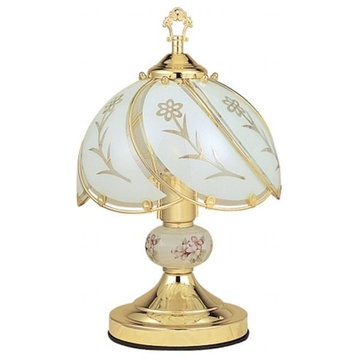 Ore International K313 White Glass Floral Touch Lamp, Brushed Gold
