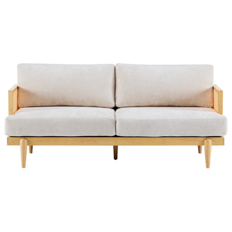 GDF Studio Doris 6' 3-Seater Sofa With Cane Rattan Arms, Natural/Beige
