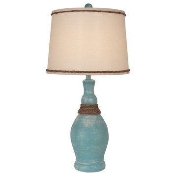 Slender-Neck Weathered Turquoise Sea Casual Table Lamp With Rope