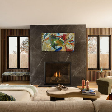 Contemporary Living Room Design with Black Marble Fireplace