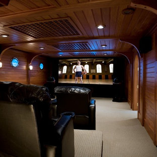 Design ideas for a classic home cinema in Portland Maine with carpet.