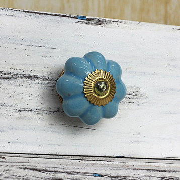 Floral Beauties in Sky Blue, Set of 6 Ceramic Cabinet Knobs, India
